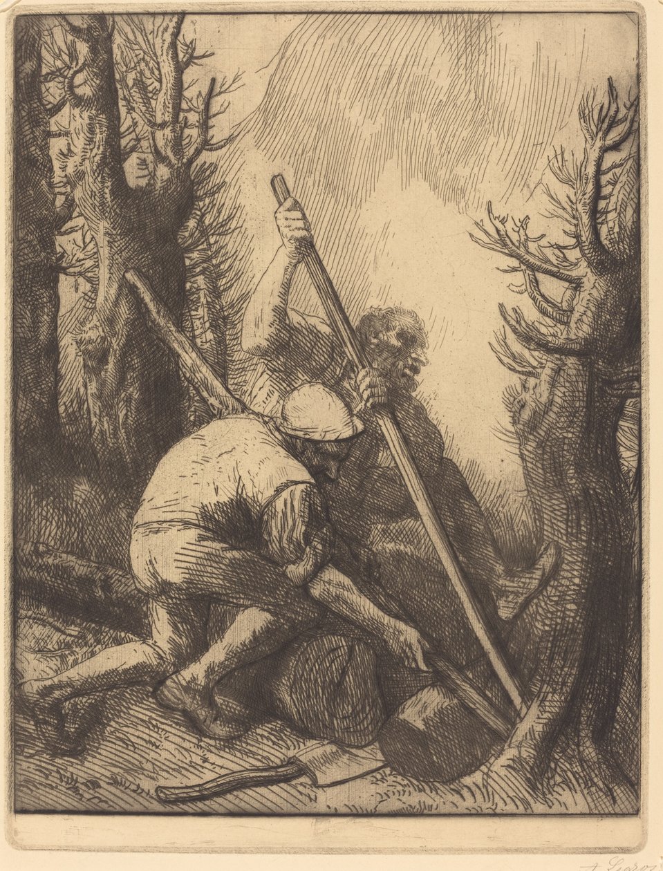 Vedhuggare, 3:e tallrik Les bucherons. av Alphonse Legros