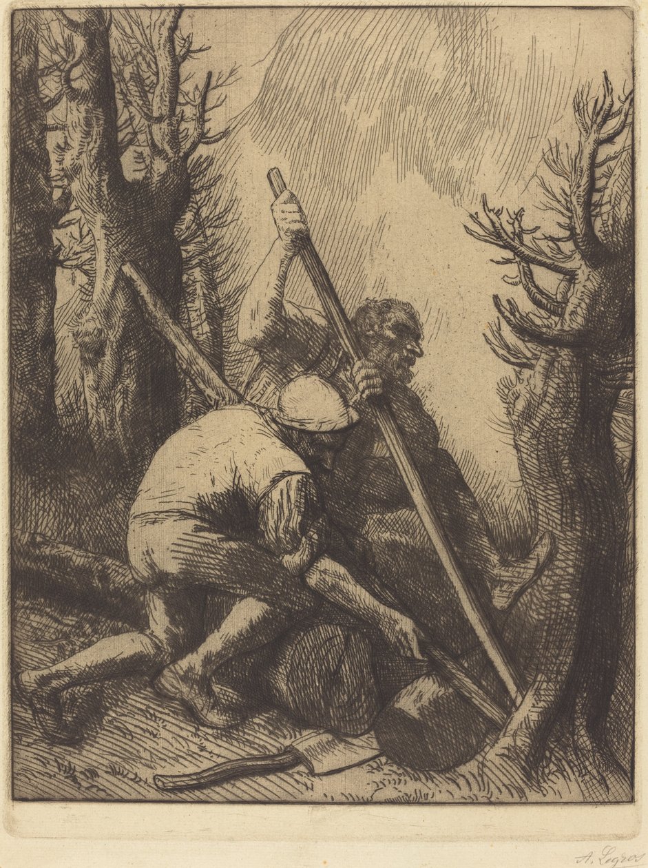 Vedhuggare, 3:e tallrik Les bucherons. av Alphonse Legros