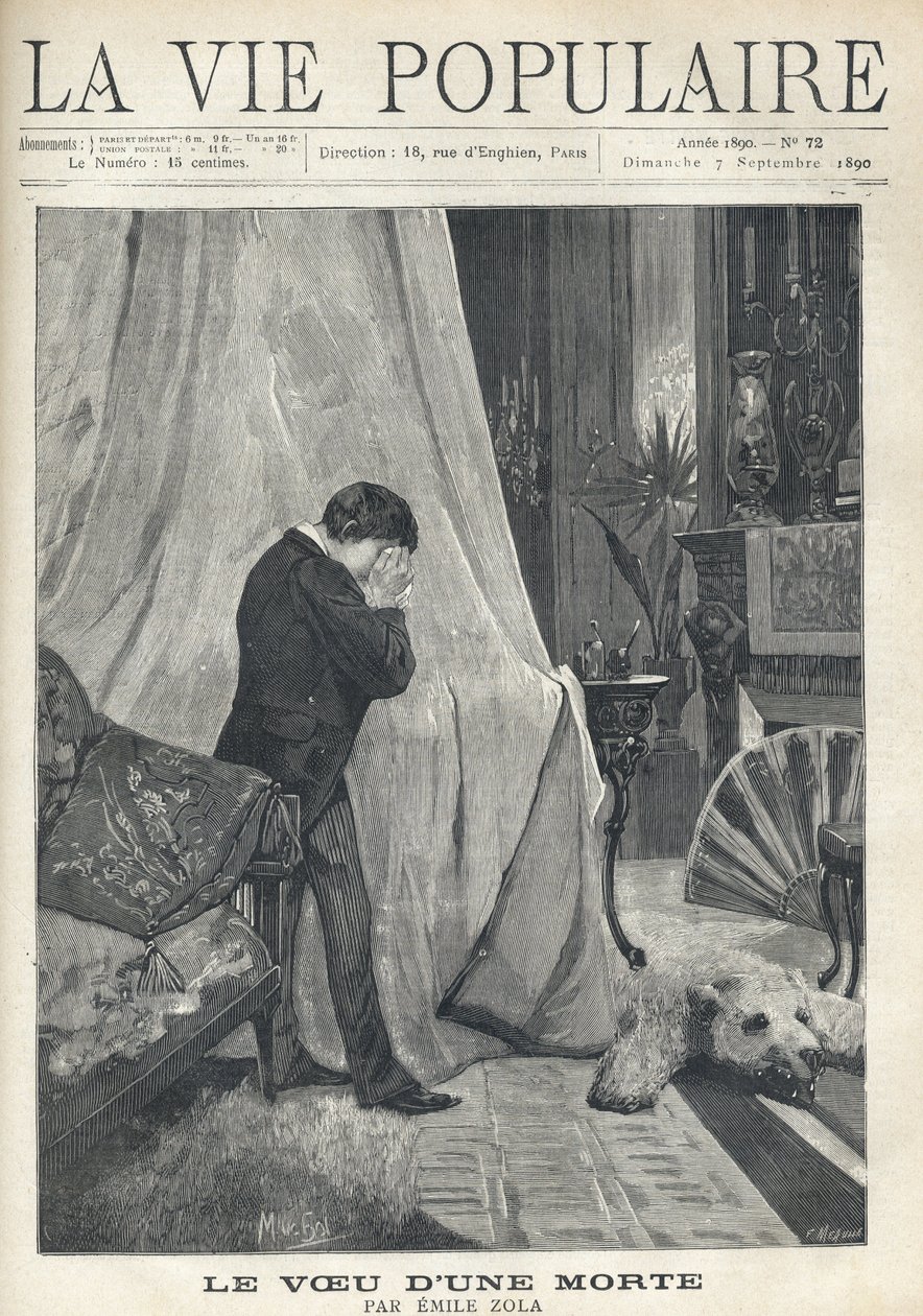En man eplorer, gömmer sina tårar och ansiktet i en näsduk, stående bakom sänghimmeln, i ett rikt dekorerat sovrum, med björnskinn, broderade kuddar, fläkt och olika vaser och ljusstakar. Illustration av Alfons Maria Mucha (Alphonse Mar av Alphonse Mucha
