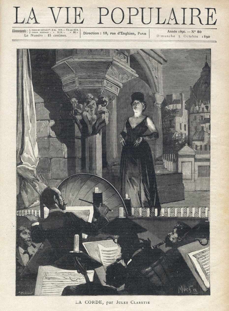 En sångare, på scenen, möter orkestern i gropen, musikerna och dirigenten i full prestanda. Illustration av Alfons Maria Mucha (Alphonse Marie Mucha av Alphonse Mucha
