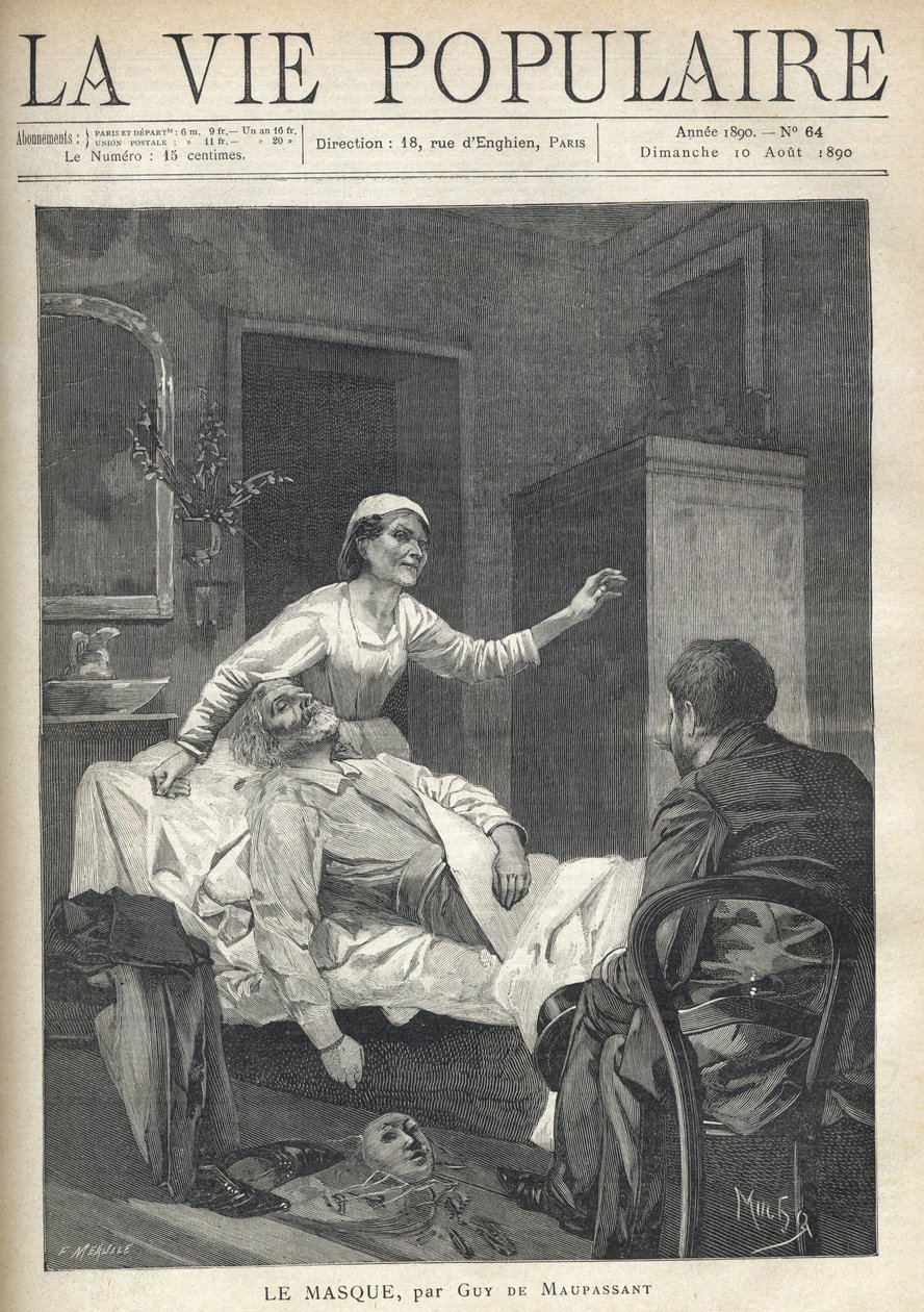 En mager gammal man med ett emacie ansikte stretchar, hans kostym, hans skor och en karnevalsmask släpar nära hans blöja (en lakanjete på en soffa), i "La Vie Populaire" av Alphonse Mucha