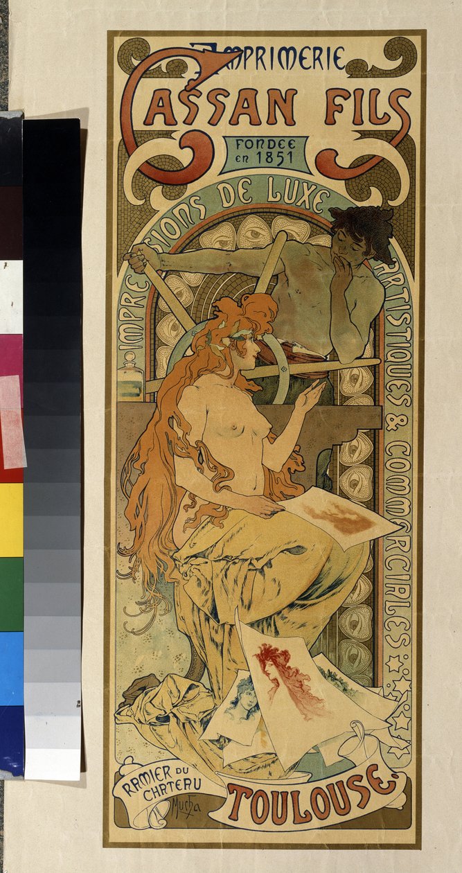Reklamaffisch för tryckeriet ""Cassan Fils, lyx, konstnärligt och kommersiellt tryck"" i Toulouse. Affisch av Alfons Maria Mucha (Alphonse Marie Mucha av Alphonse Marie Mucha