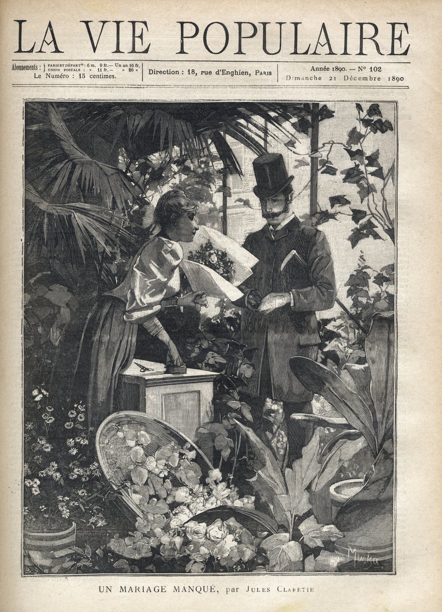 En elegant man köper blommor i en floristbutik. Illustration av Alfons Maria Mucha (Alphonse Marie Mucha av Alphonse Mucha