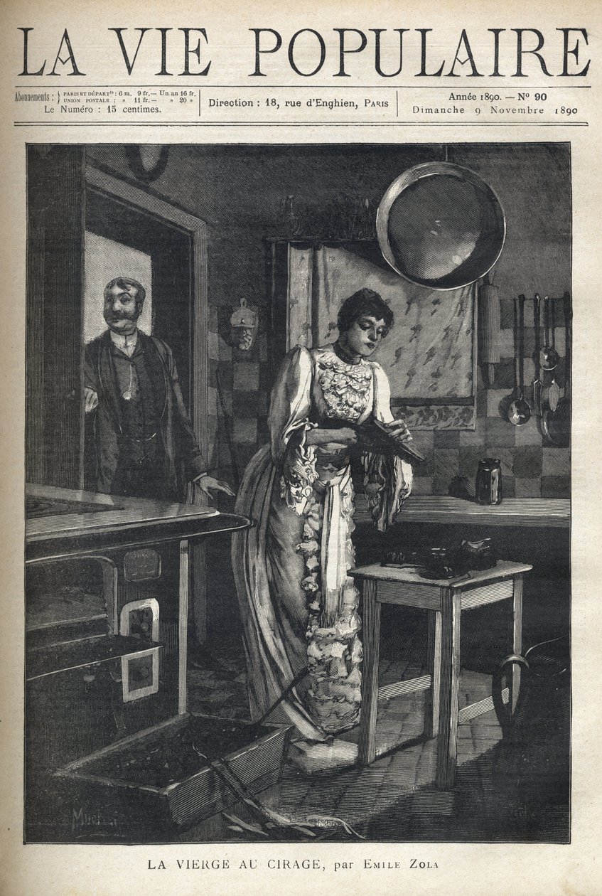 En elegant kvinna vaxar en sko i köket i ett hus. En man öppnar dörren bakom henne. Illustration av Alfons Maria Mucha (Alphonse Marie Mucha av Alphonse Mucha
