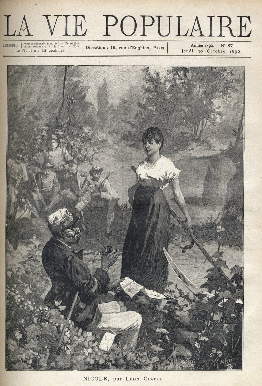 En gammal man läser ett brev till en vacker ung bonde som håller i en falsk (reaper). Jägare tittar på scenen i fjärran. Illustration av Alfons Maria Mucha (Alphonse Marie Mucha av Alphonse Mucha