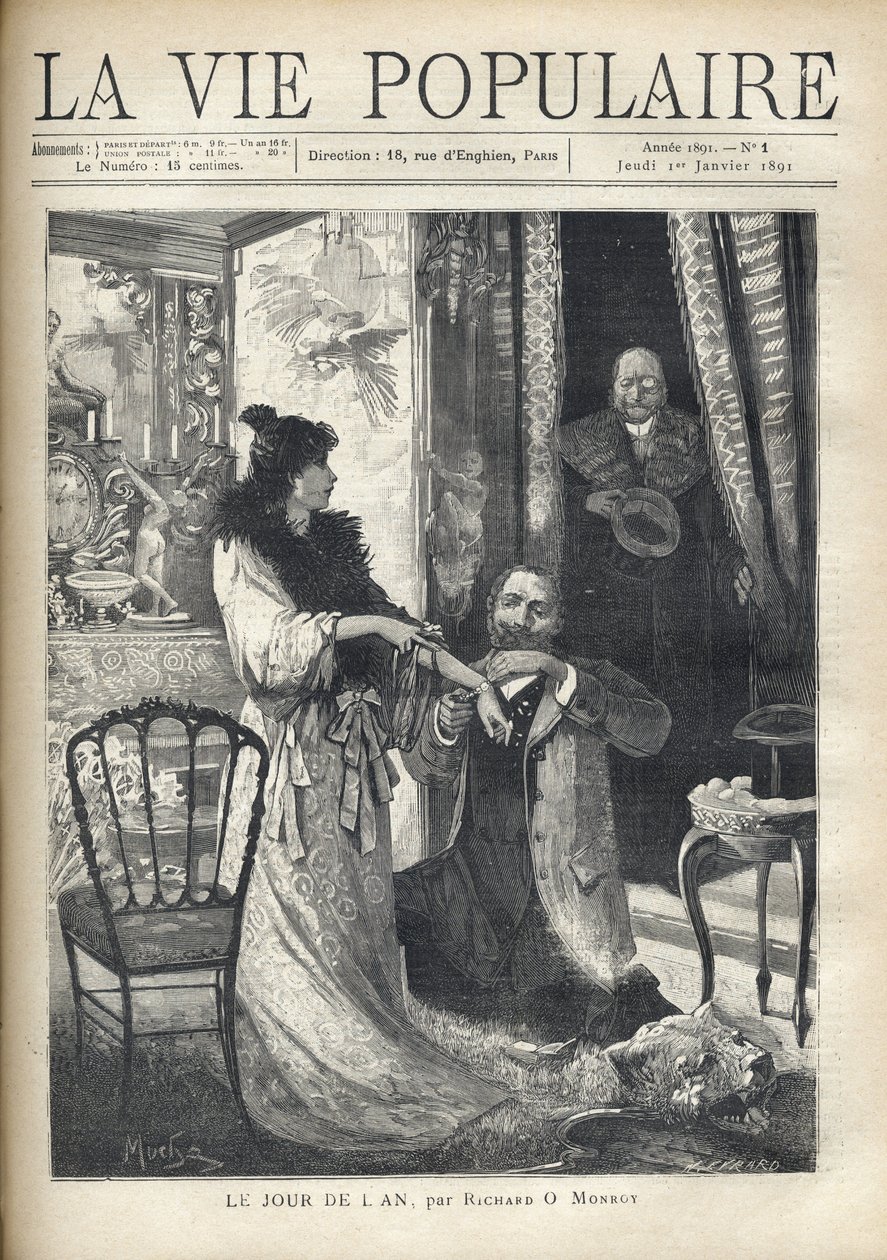 En gammal man överraskar en galant scen: en man som knäböjer framför en elegant kvinna fäster ett armband på sin handled. Illustration av Alfons Maria Mucha (Alphonse Marie Mucha av Alphonse Mucha