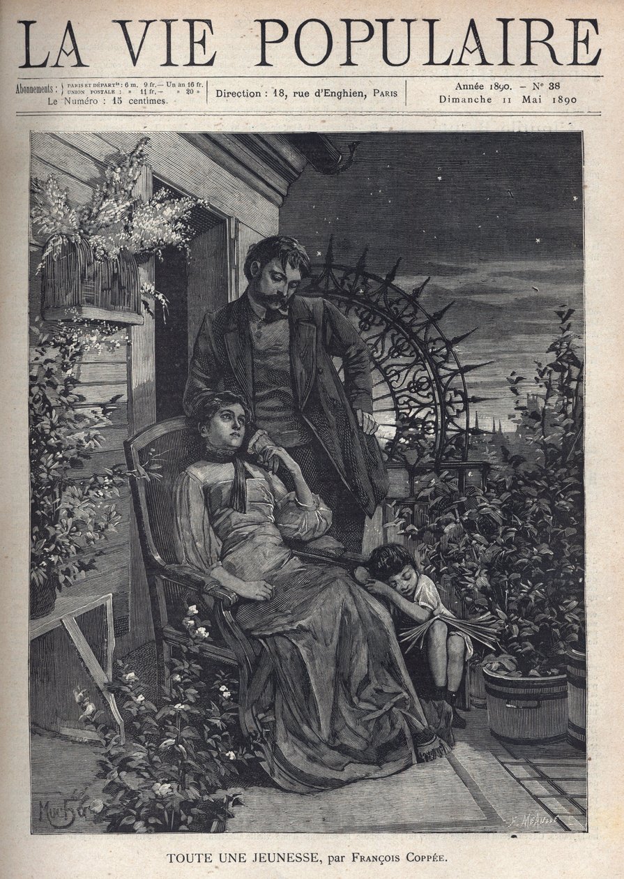 På natten, på en blommig balkong, är en familj samlad runt mamman som sitter på en fåtölj och håller sin mans hand bakom henne, både ser ledsna och skjutna ut. Vid deras fötter, hans huvud vilande på sin mor, ett sittande barn sover, en öppen bok le av Alphonse Mucha
