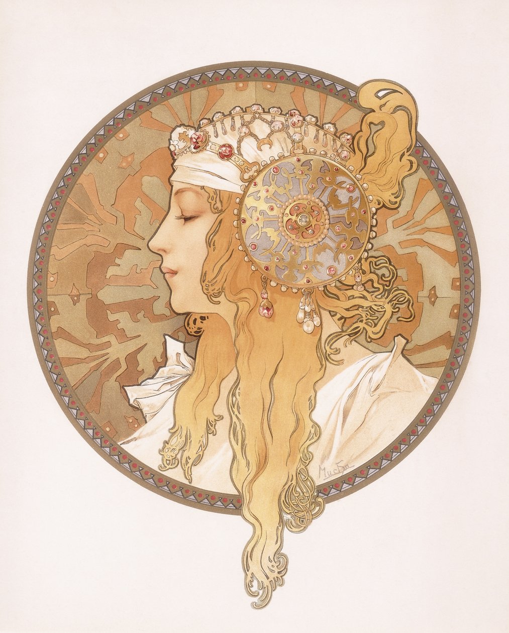 Bysantinskt huvud av en blond jungfru; Tete bysantine d"une femme blonde, c.1897 av Alphonse Mucha