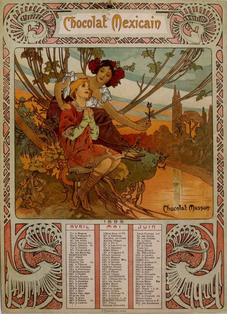 Chocolate Masson-kalender illustrerad av Mucha (1860 – 1939). en tjeckisk jugendmålare av Alphonse Mucha