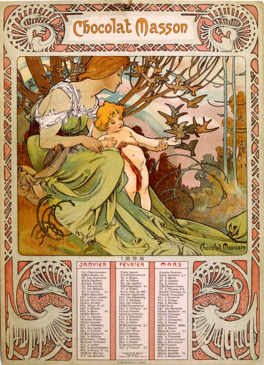 Chocolate Masson-kalender illustrerad av Mucha (1860 – 1939). en tjeckisk jugendmålare av Alphonse Mucha