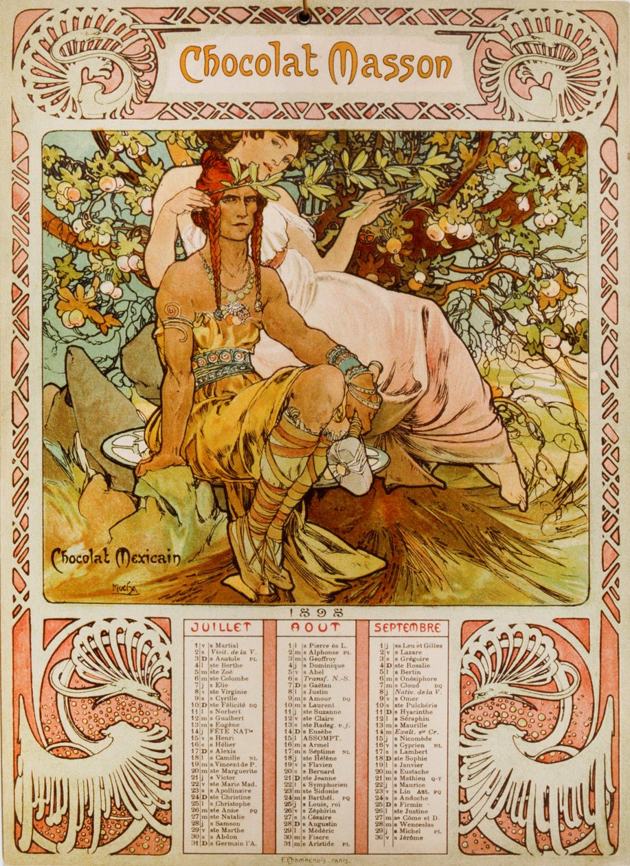 Chocolate Masson-kalender illustrerad av Mucha (1860 – 1939). en tjeckisk jugendmålare av Alphonse Mucha