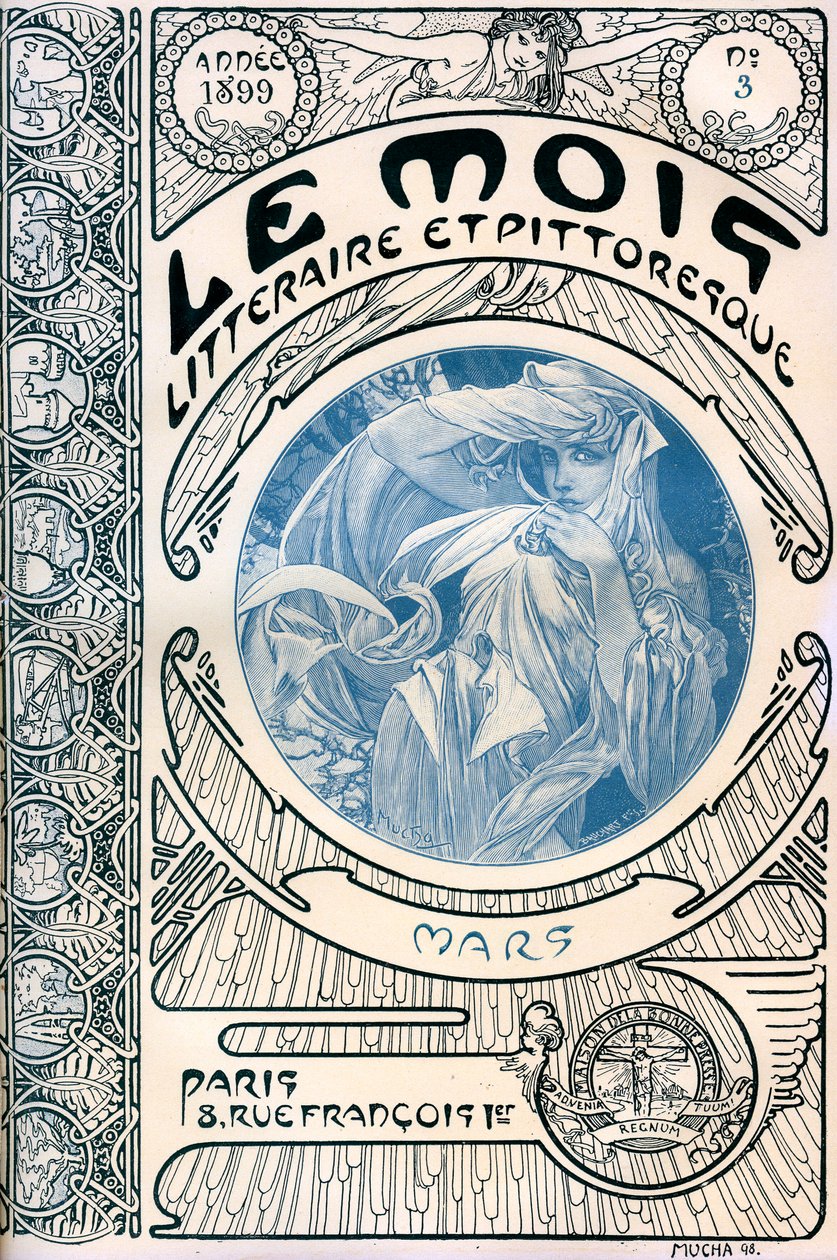 Tidningens omslag (månadstidskrift) Den litterära och pittoreska månaden av Alphonse Mucha (1860-1939): Mars 1899 - Maison de la Bonne Presse - av Alphonse Mucha
