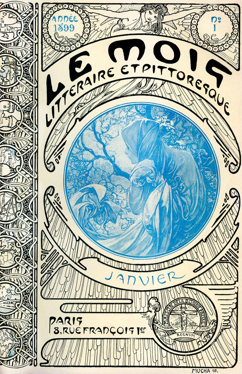 Tidningens omslag (månadsmagasin) Den litterära och pittoreska månaden av Alphonse Mucha (1860-1939): Januari 1899 - Maison de la Bonne Presse - av Alphonse Mucha