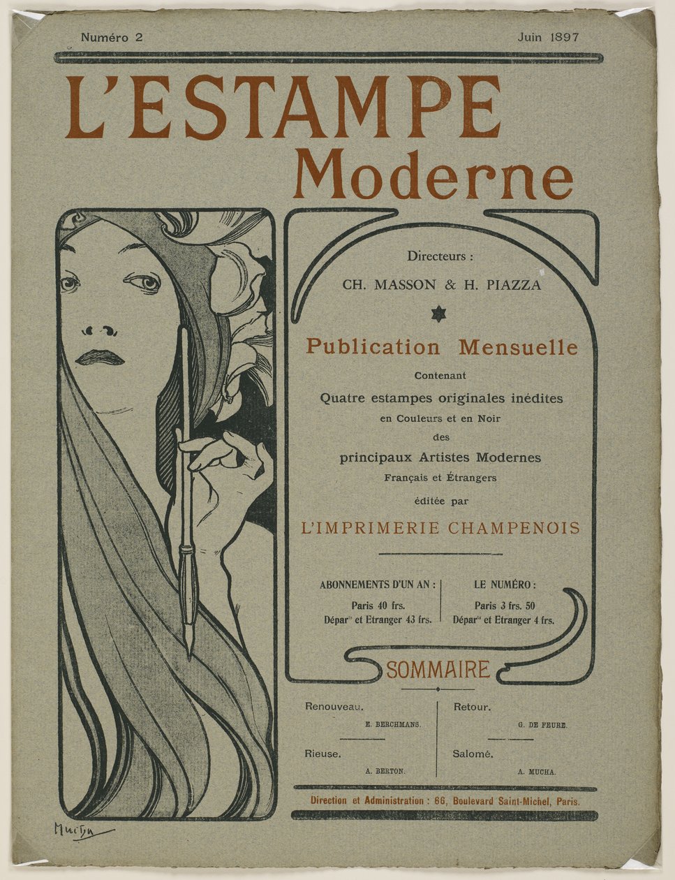 Försättsblad: Försättsblad från L’Estampe moderne, juni 1897 (färg litho) av Alphonse Mucha