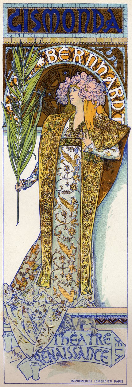Underhållning. Gismonda, pjäs av Victorien Sardou med Sarah Bernhardt på Theatre de la Renaissance, Paris. Affisch från Mucha, Frankrike av Alphonse Marie Mucha