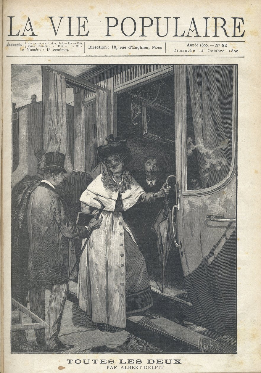 Farväl mellan en man och en kvinna som sätter sig på ett tåg på perrongen på en station. Illustration av Alfons Maria Mucha (Alphonse Marie Mucha av Alphonse Mucha