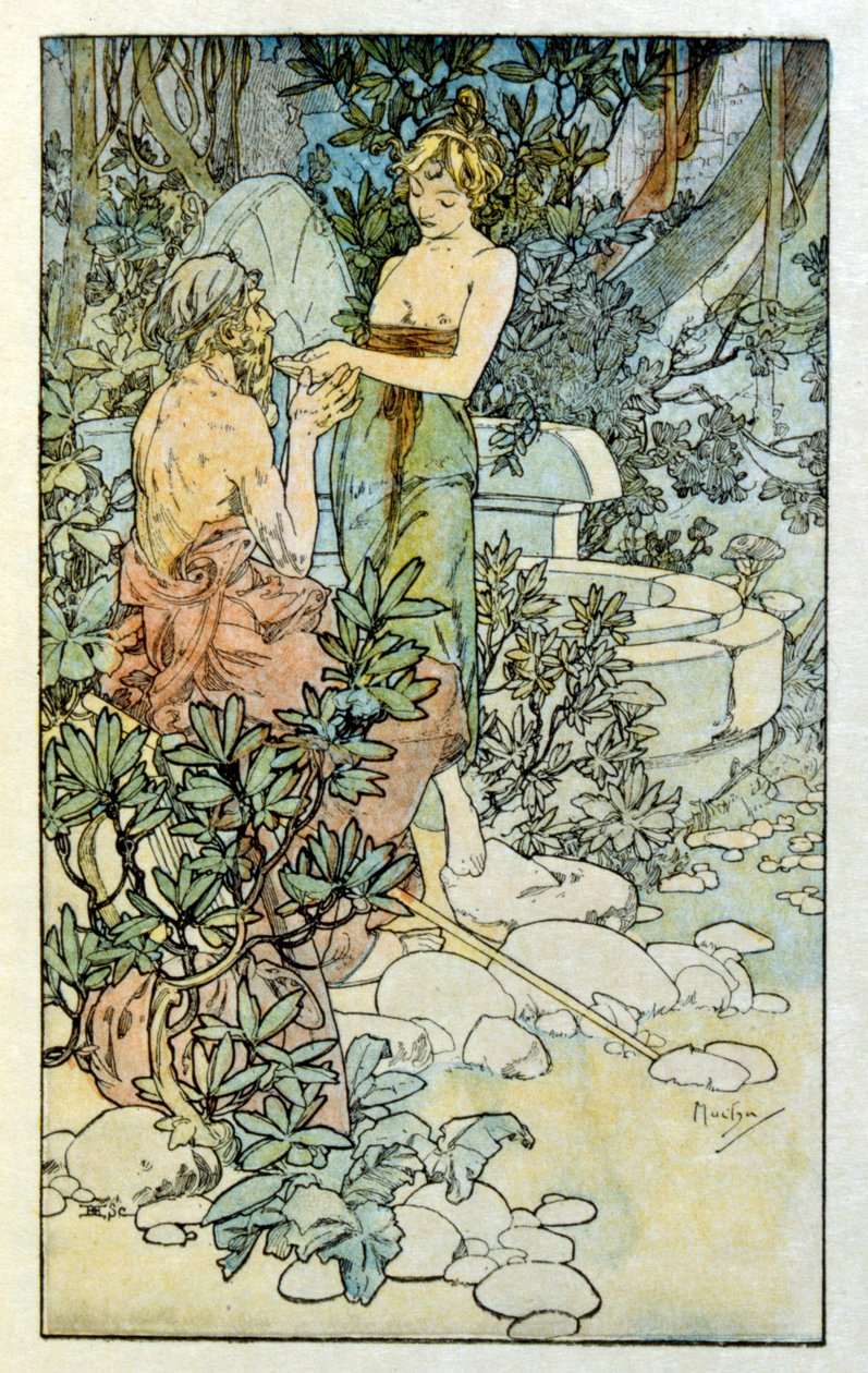 Illustration av Alphonse Mucha från "Clio" ett verk av den franske författaren Anatole France. 1900. Mucha (1860 – 1939). var en tjeckisk jugendmålare av Alphonse Mucha
