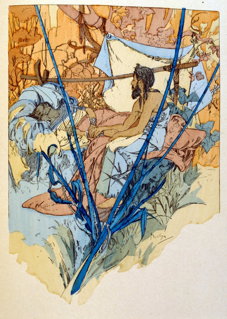 Illustration av Alphonse Mucha från "Rama" en dikt i tre akter av Paul Verola. ca. 1898. Mucha (1860 – 1939). var en tjeckisk jugendmålare av Alphonse Mucha