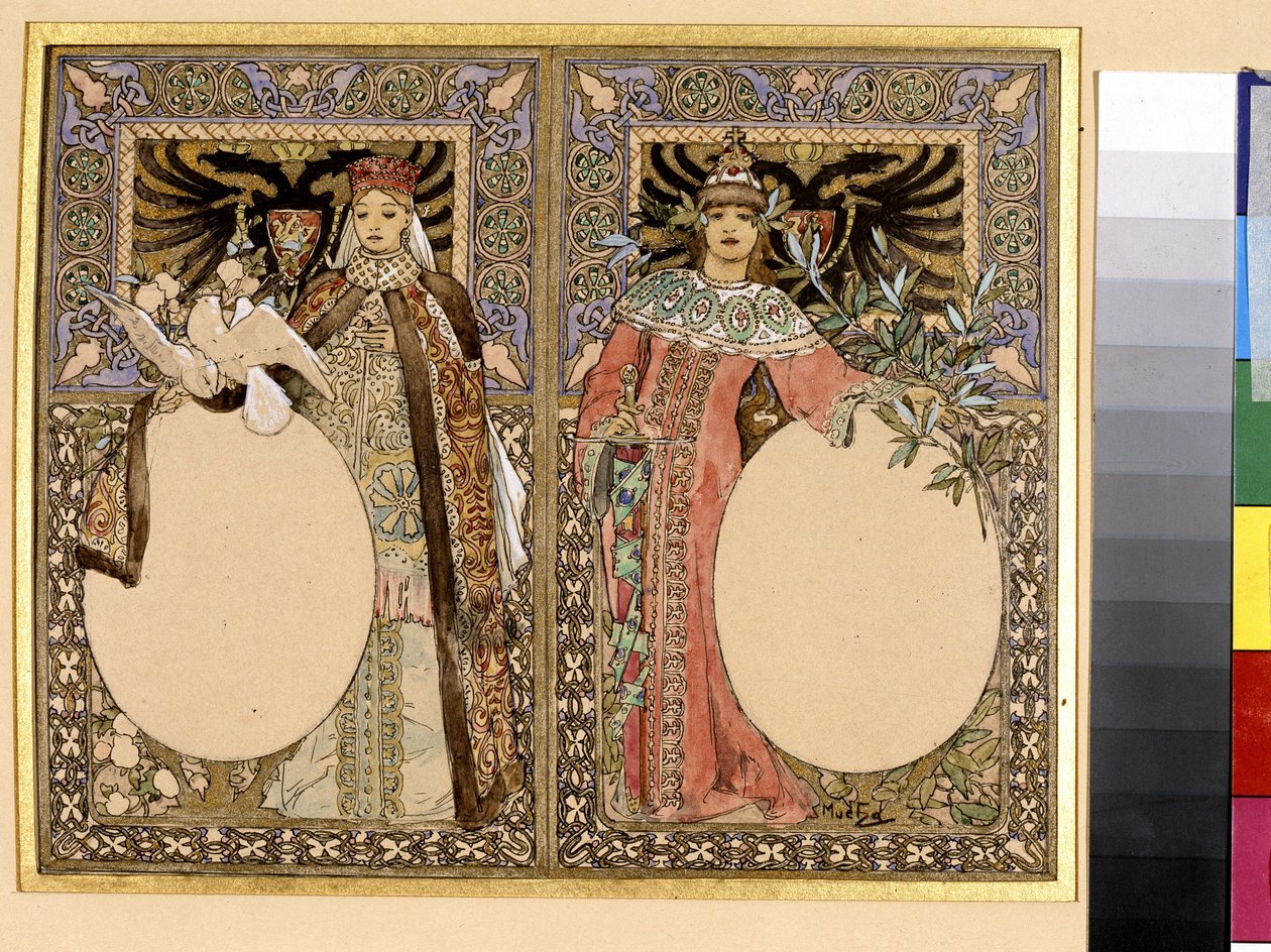 Illustration av en bok (saga eller legender). Konstverk av Alfons Maria Mucha (Alphonse Marie Mucha av Alphonse Marie Mucha