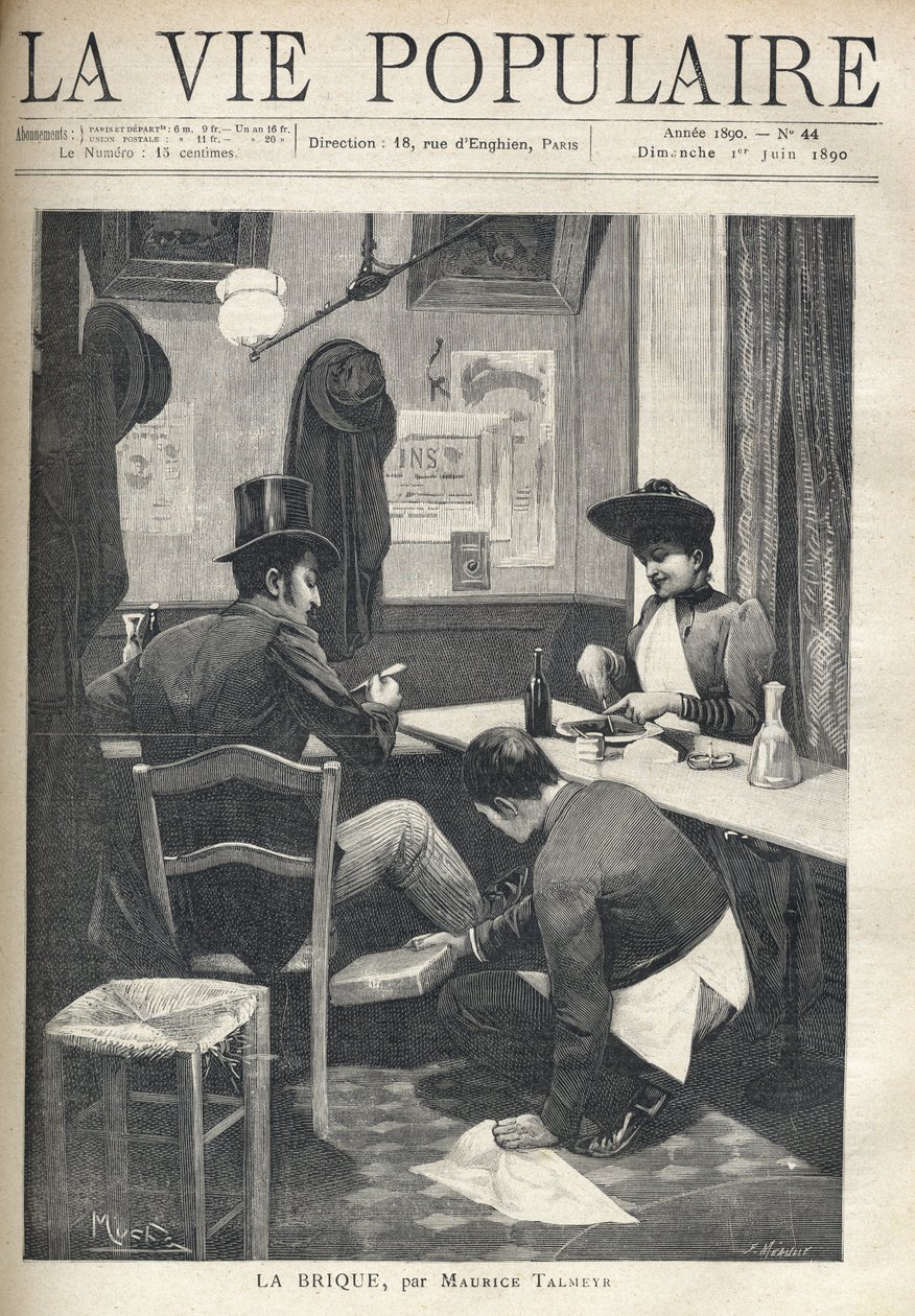 På en restaurang är en man och en kvinna åtskilda och äter middag. Servicepojken hukar nära mannen och installerar en het tegelsten under hans fötter. Illustration av Alfons Maria Mucha (Alphonse Marie Mucha av Alphonse Mucha