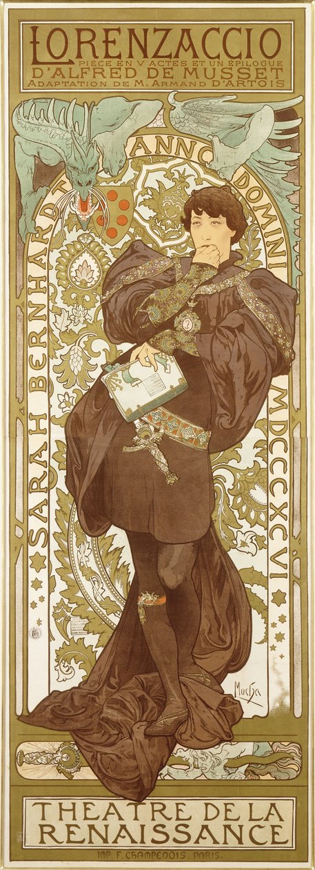 Lorenzaccio, föreställande den stående gestalten av Sarah Bernhardt i rollen, 1896 av Alphonse Mucha