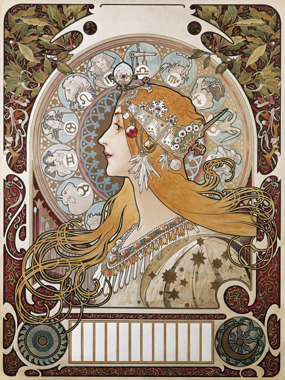 MUCHA, Alphonse Maria (1860-1939). Zodiaken. 1896. (67 x 48 cm). Affisch och kalender som annonserar tidningen "La Plume"" (Fjädern). Modernism. Litografi av Alphonse Marie Mucha