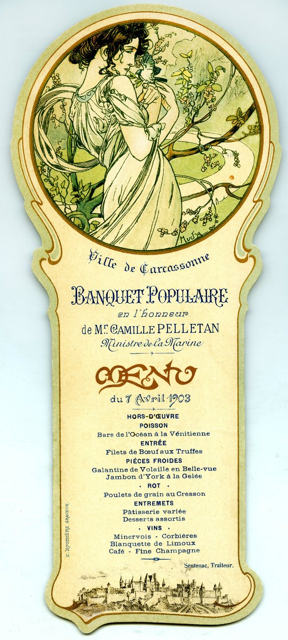 Meny för en populär bankett anordnad i Carcassonne den 7 april av Alphonse Mucha