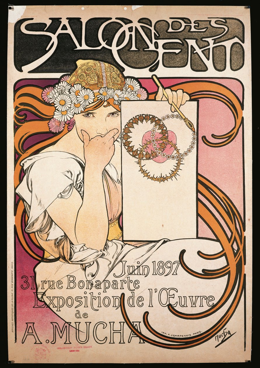 Affisch som annonserar utställningen av A. Mucha på Salon des Cent av Alphonse Marie Mucha