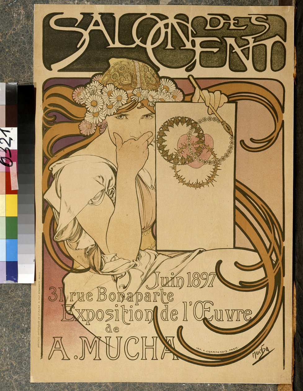 Affisch som annonserar utställningen av A. Mucha på Salon des Cent, 31 rue Bonaparte a Paris, juni 1897 (färg litho) av Alphonse Mucha