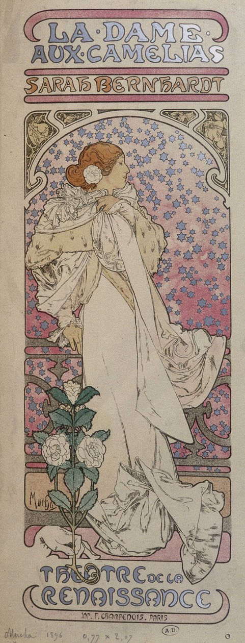 Affisch för "La dame au camélias"" på renässansteatern med Henriette Rosine Bernard dit Sarah Bernhardt (1844-1923) - av Mucha av Alphonse Mucha