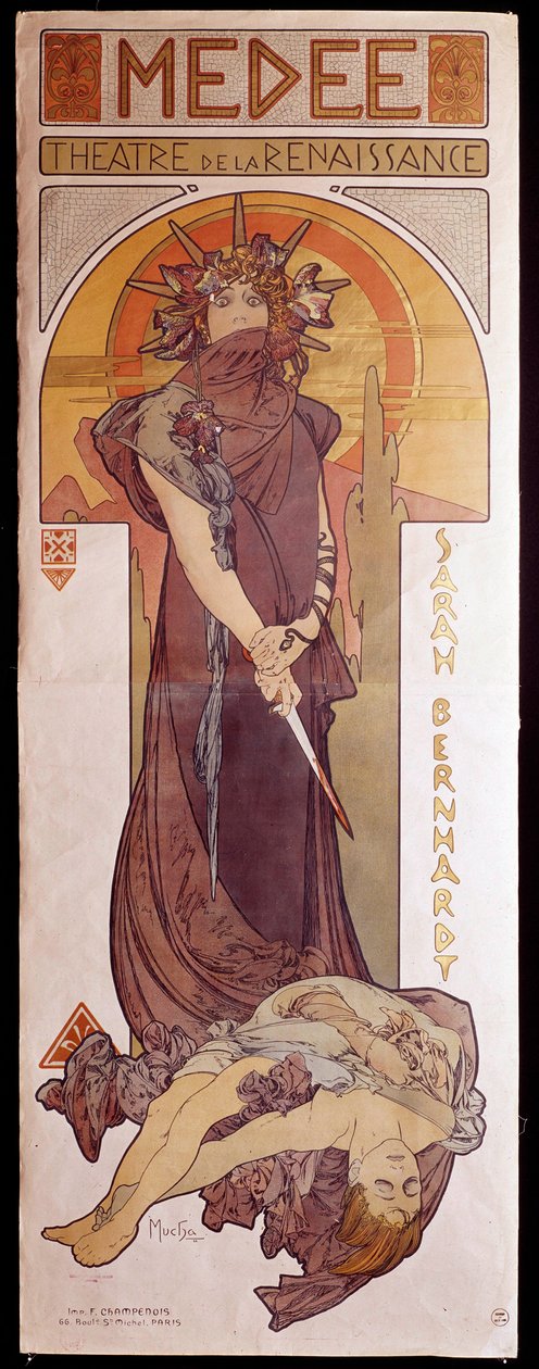 Affisch för ”” Medee”” framförd av Henriette Rosine Bernard dit Sarah Bernhardt (1844-1923) på Renässansteatern. Illustration av Alphonse Mucha (1860-1939) Paris, dekorativ konst av Alphonse Mucha