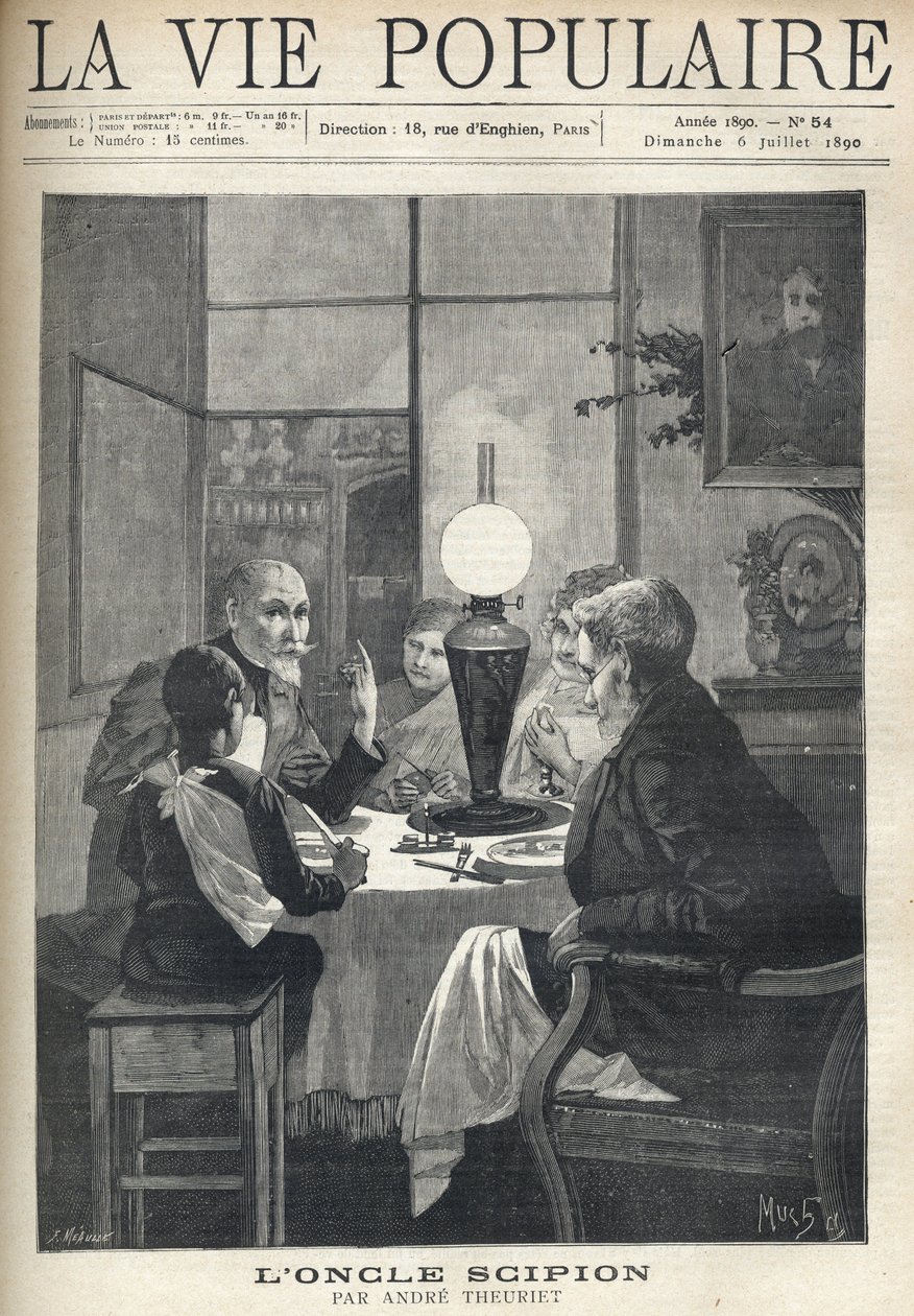 Scen för familjelivet: runt middagsbordet samlas en familj, upplyst av en oljelampa och lyssnar noga på en besökande farbror, med ljusa ögon och hand som markerar höjdpunkterna i hans berättelse. Illustration av Alfons Maria Mucha (Alphonse av Alphonse Mucha