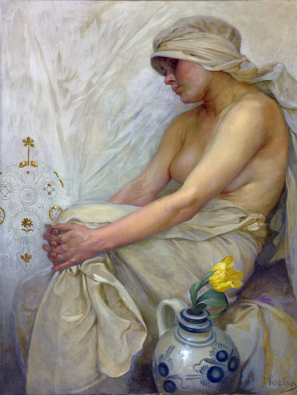 Sittande flicka par Mucha, Alfons Marie (1860-1939), ca. 1914 - Tempera på duk, 80x60 - Privat samling av Alphonse Mucha