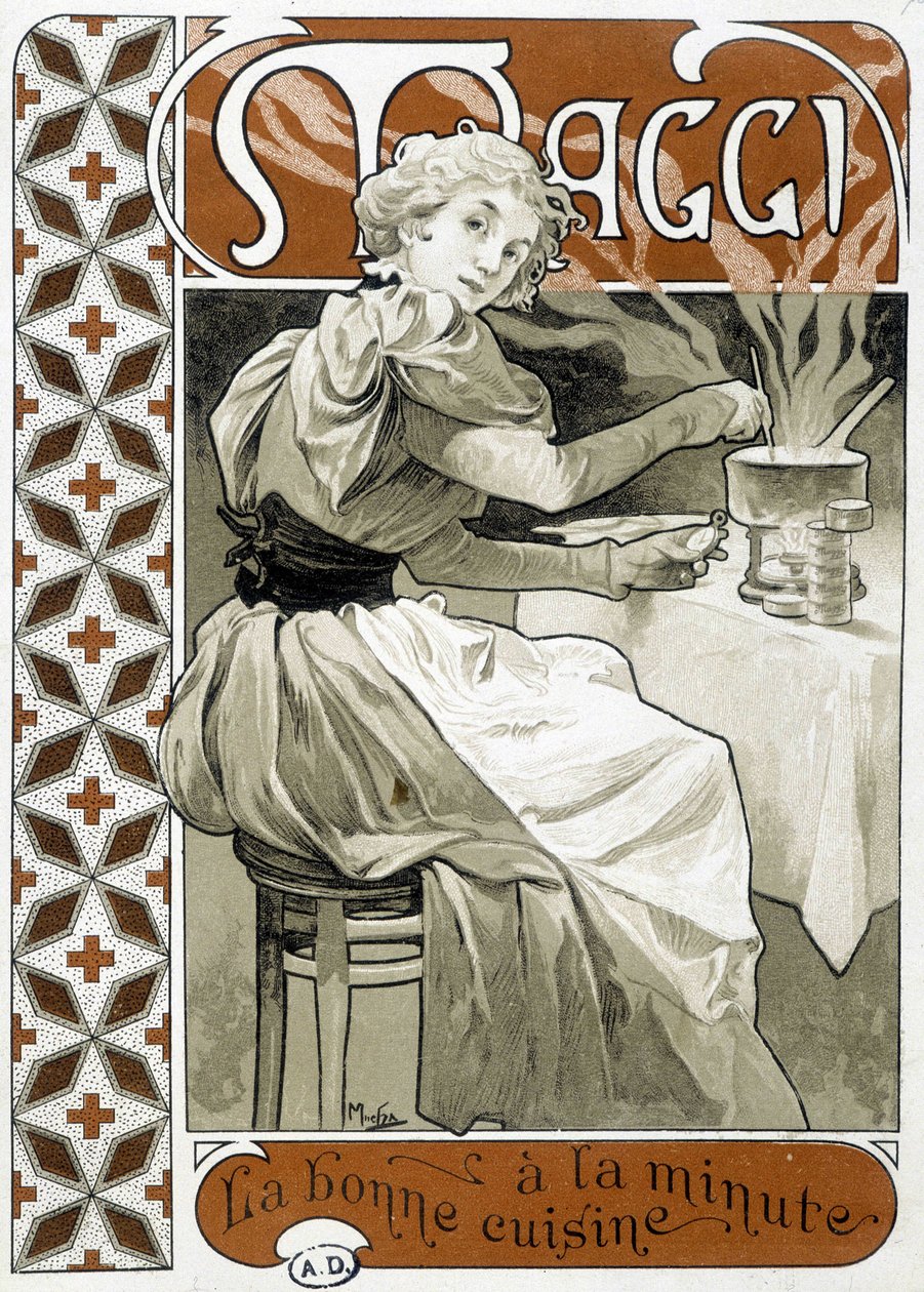 Ung kvinna lagar mat på en gasspis - annons Maggi ""god mat per minut"", av Mucha, cirka 1890. av Alphonse Mucha