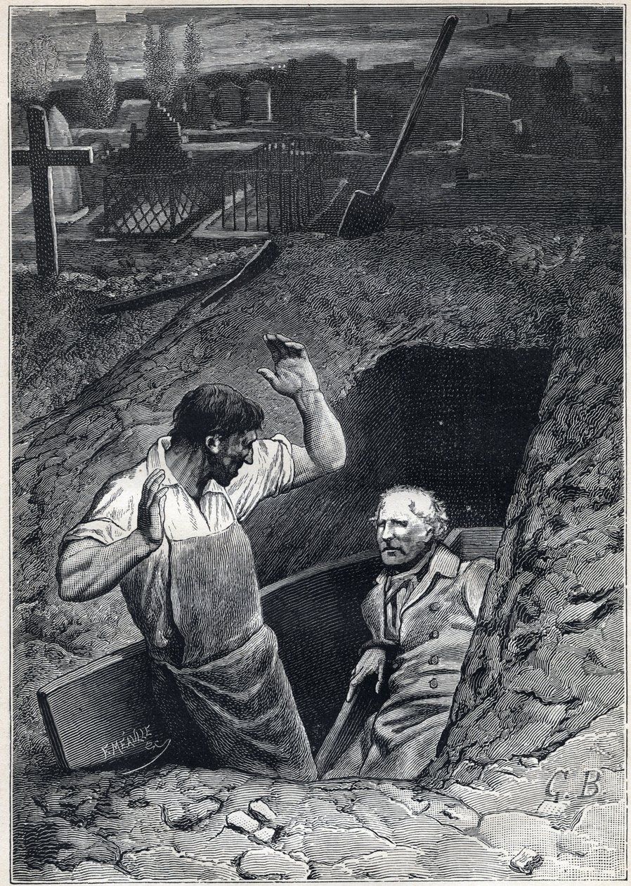 En uppståndelse är nästan lika skrämmande som en död: Fauchevent och Jean Valjean - Illustration av Alphonse de Neuville (1836-1885) för "Les miserables - Second part: Cosette" av Victor Hugo (1802-1885) 1862 av Alphonse Marie de Neuville