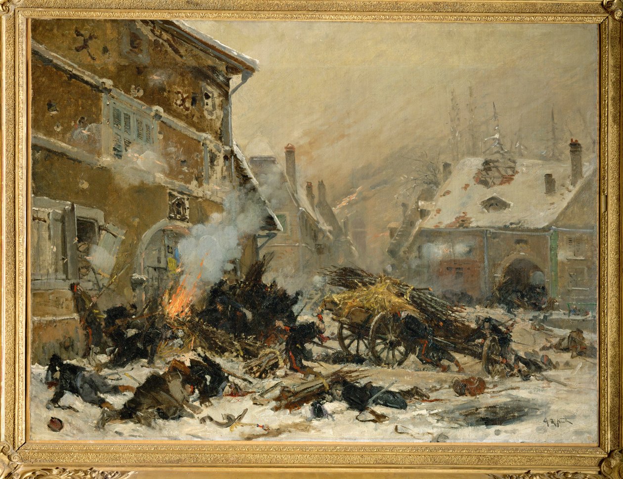 Attack mot ett barrikaderat hus i Villersexel, östra armén ... (målning på duk) av Alphonse Marie de Neuville