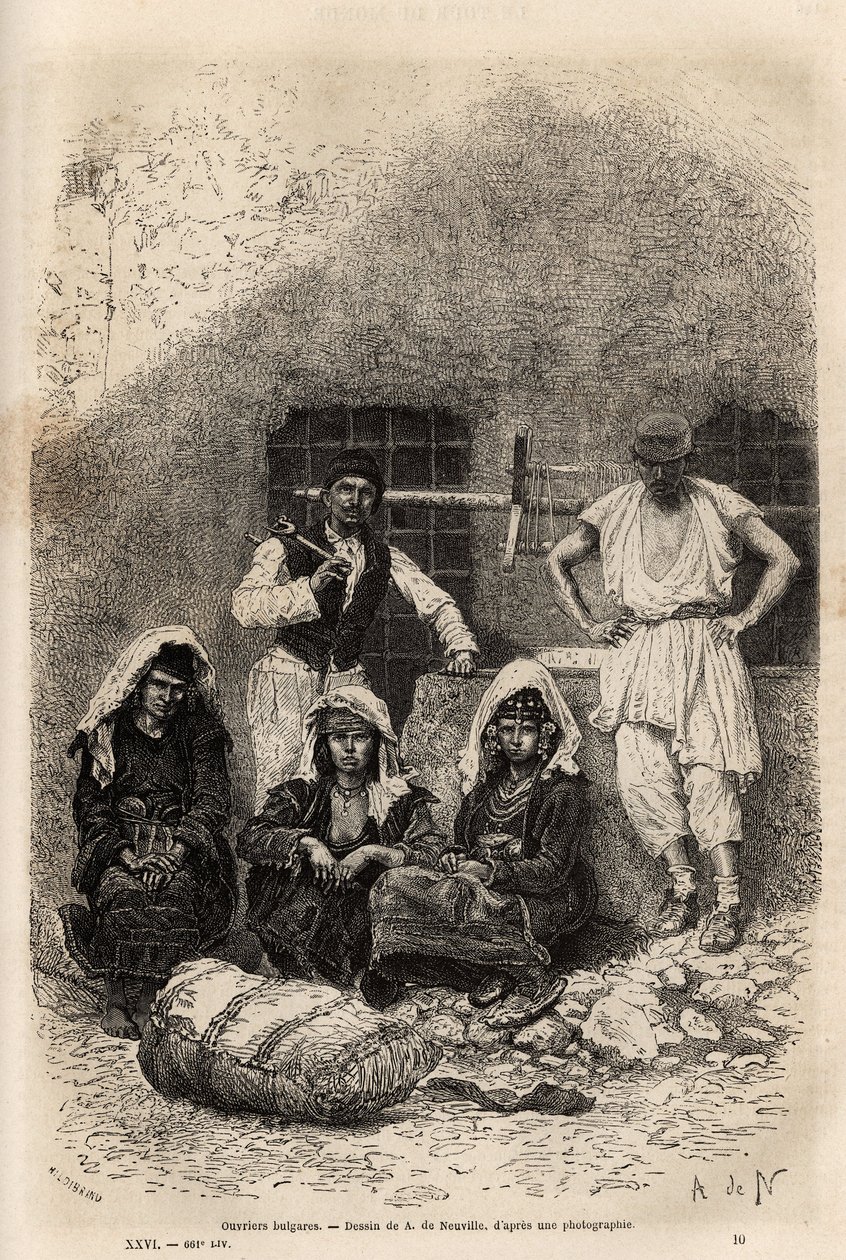 Bulgariska arbetare, nära Sophia, gravyr efter teckningen av A. De Neuville, illustrerande resan till Bulgarien, av Guillaume Lejean, 1867, publicerad i "" Le tour du monde"" 1873, redigerad av Edouard Charton, Hachette-upplagan, Paris . Selva samling av Alphonse Marie de Neuville