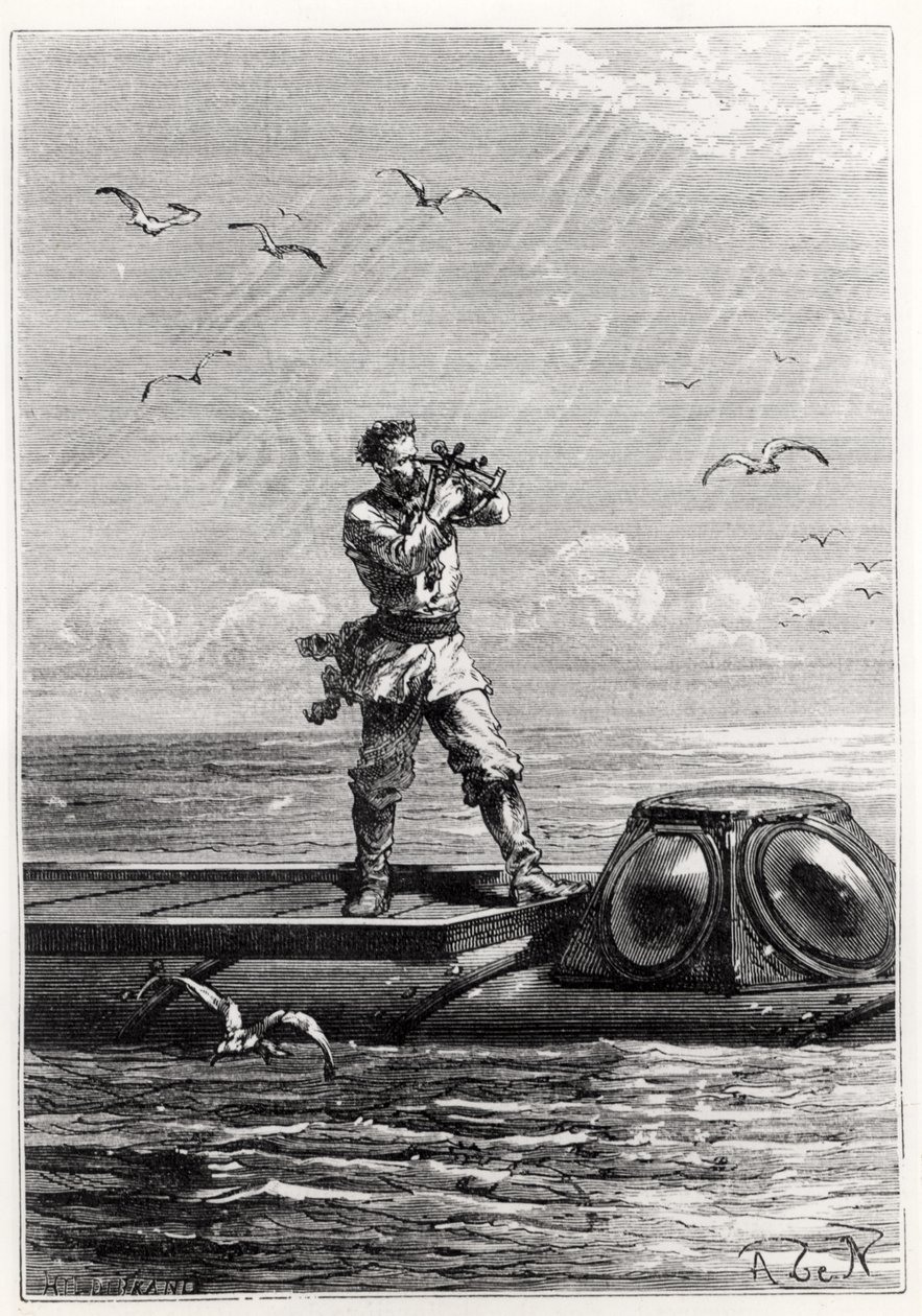 Kapten Nemo på toppen av Nautilus, från "20 000 mil under havet" av Jules Verne (1828-1905), graverad av Henri Theophile Hildibrand (1824-97). av Alphonse Marie de Neuville