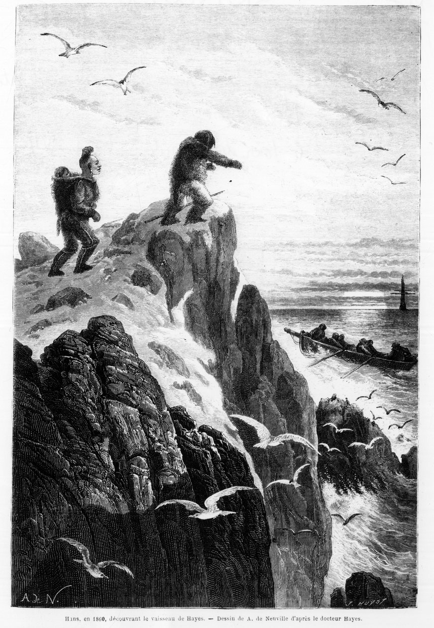 Hans 1860, upptäckte Hayes skepp - ritning från Neuville av Dr Hayes i "Polens fria hav, upptäcktsfärd i de arktiska haven av Alphonse Marie de Neuville