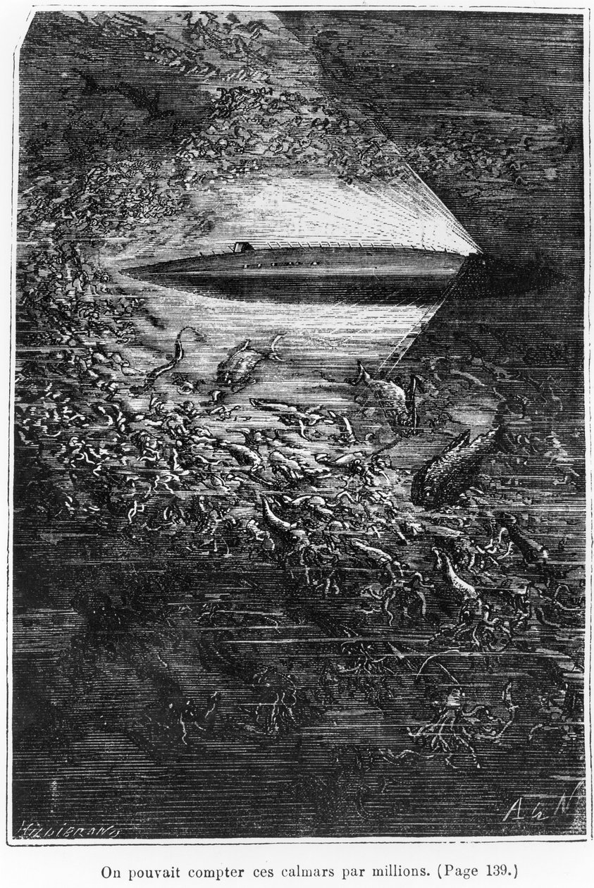 Illustration från "20 000 mil under havet" av Jules Verne (1828-1905), graverad av Henri Theophile Hildibrand (1824-97) 1877. av Alphonse Marie de Neuville