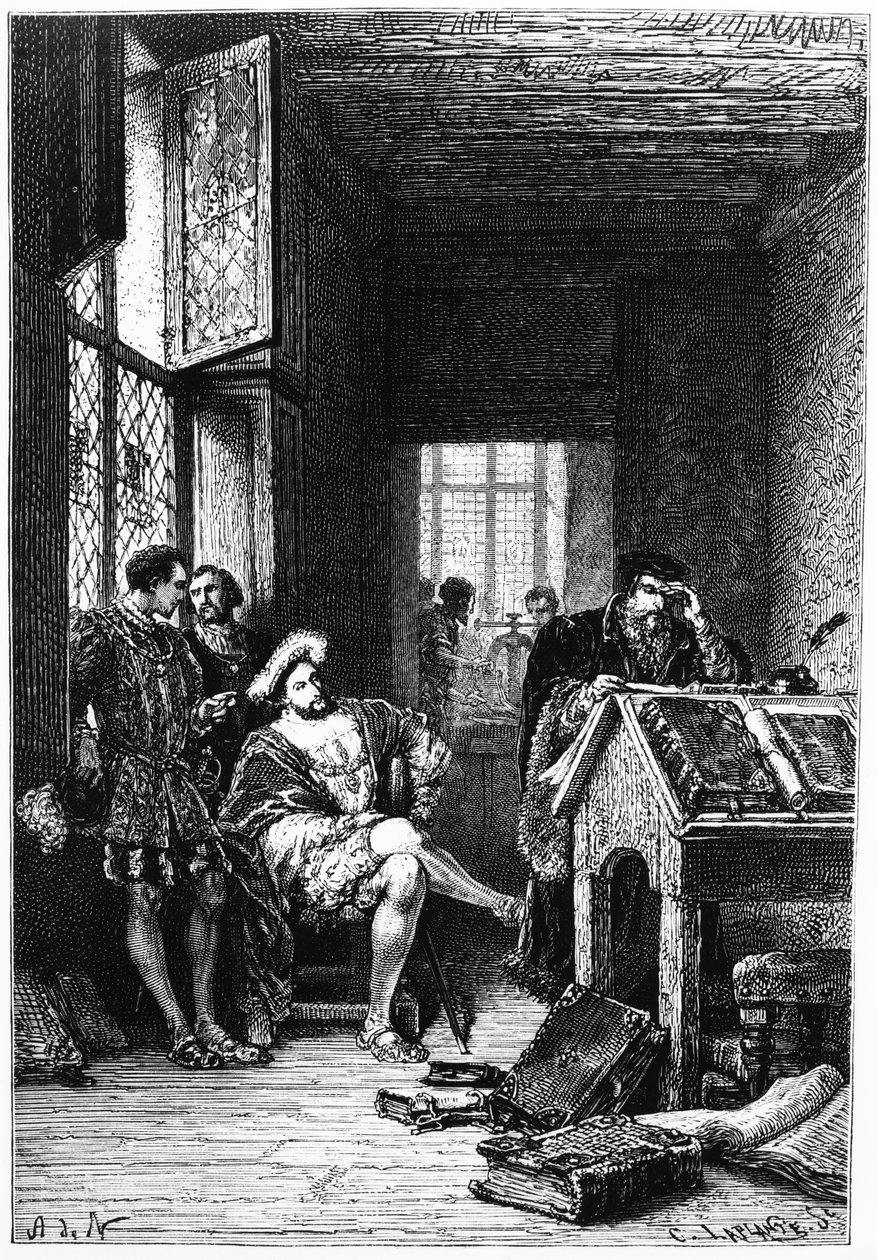Kung Francis I av Frankrike i Robert Estiennes verkstad, tryck gjord av C. Laplante, illustration från 