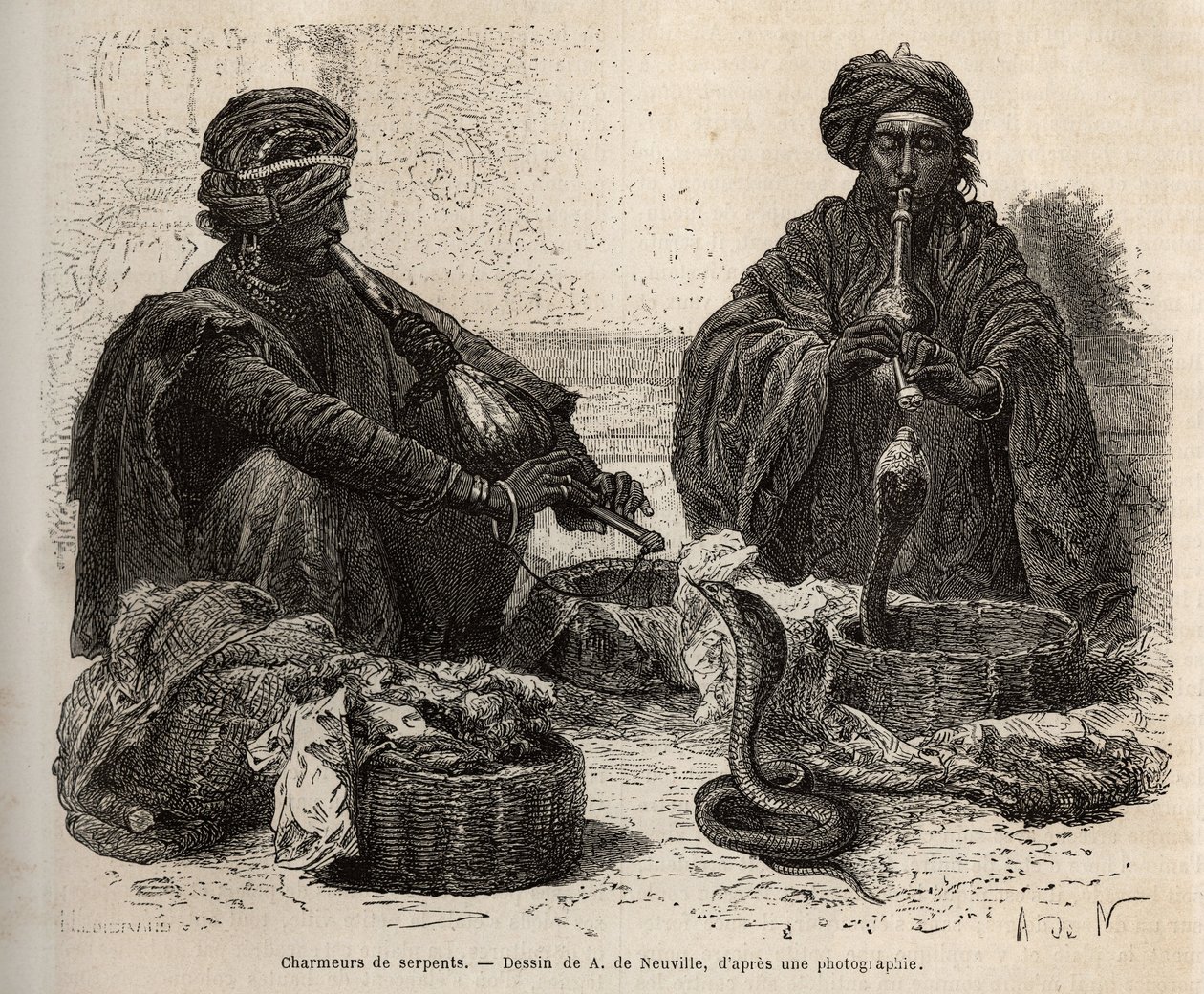 Les charmeurs de serpents, som handlar med reptiler, som de lockar till sig genom att blåsa i sin toumril (flöjt), gravyr efter teckningen av A. de Neuville, som illustrerar Rajahernas resa till Indien, 1864-1868, av Louis Rousselet, publicerad i "" Le tou av Alphonse Marie de Neuville