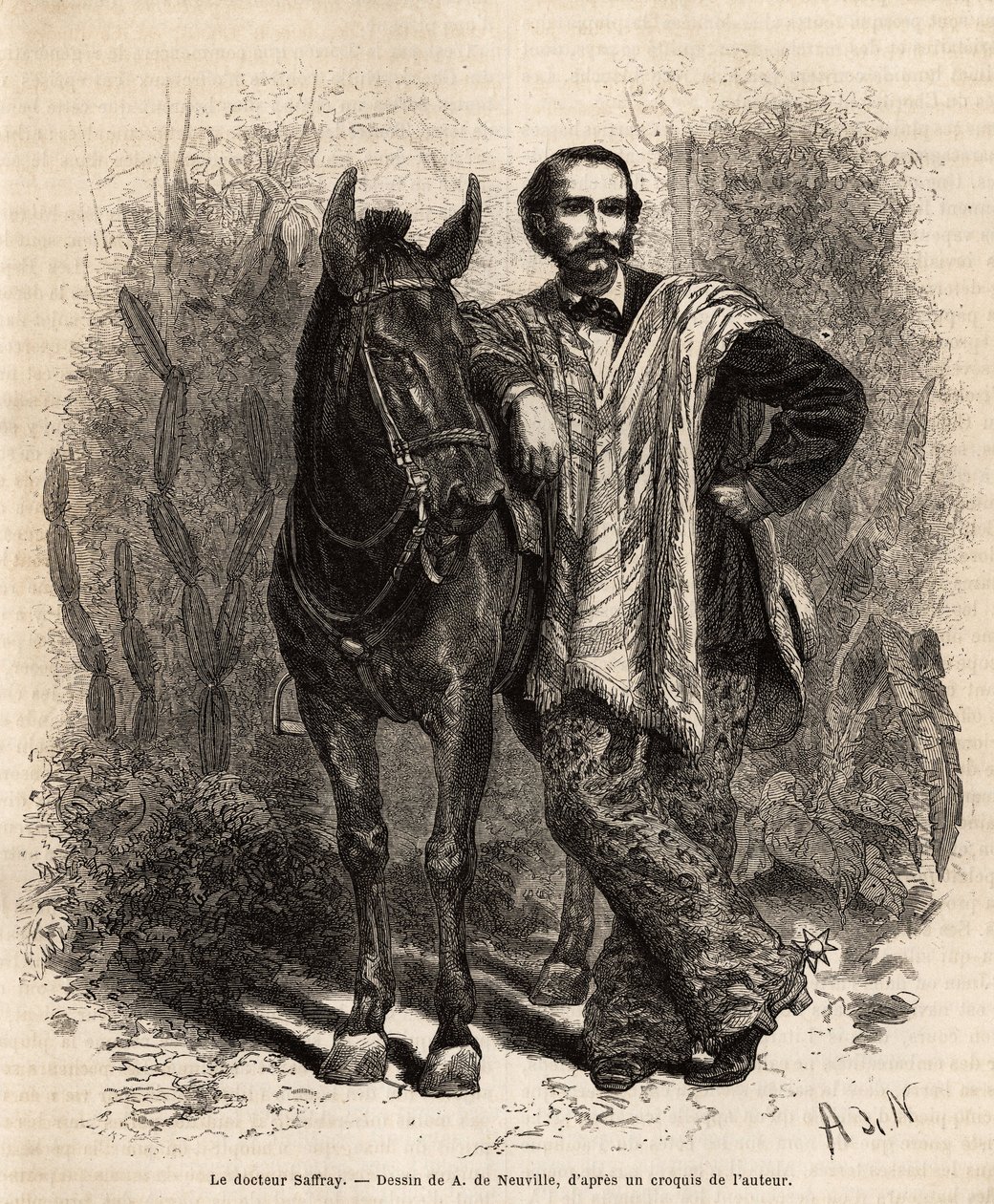Porträtt av Dr. Saffray, armar på sitt fäste, i reseklänning, gravyr efter teckningen av A. de Neuville, illustrerande resan till Nya Granada, av Dr. Saffray, 1869, publicerad i "" Le tour du monde"" ” 1873, redigerad av Edouard Charton, Hachette editi av Alphonse Marie de Neuville