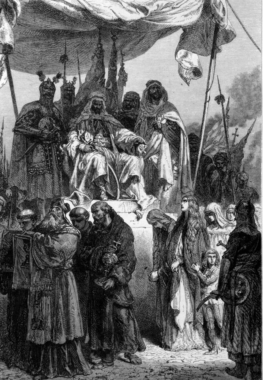 De kristna i Jerusalem lämnar före Saladin (1138-1193) (Salah al Din Yusuf al-Ayyubi (al Ayyubi) efter intagandet av den heliga staden - gravyr av Neuville av Alphonse Marie de Neuville