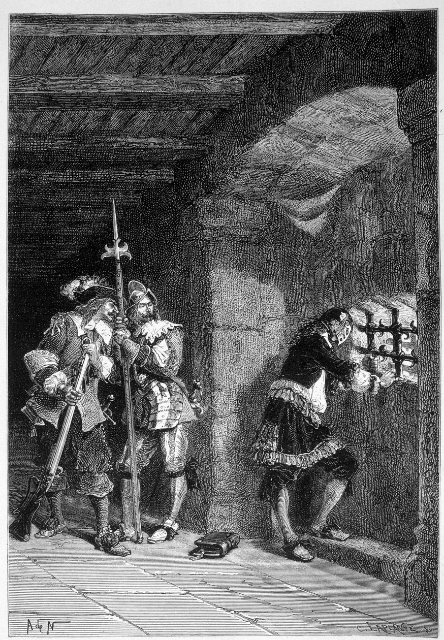 Järnmasken i hans cell i fängelset för ön helgonet Marguerite - i "" Histoire de France"" av Guizot, gravyr av De Neuville av Alphonse Marie de Neuville