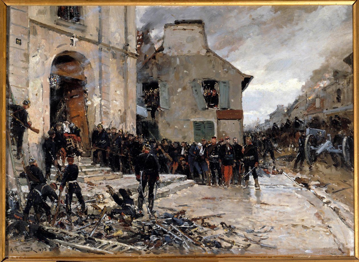 Kriget 1870-1871 och belägringen av Paris av preussarna: "" Le combat du Bourget, 1870-10-30"" Målning av Alphonse de Neuville (1835-1885) 1873 Sön. 0,57x0,79 m. Paris, Musée d