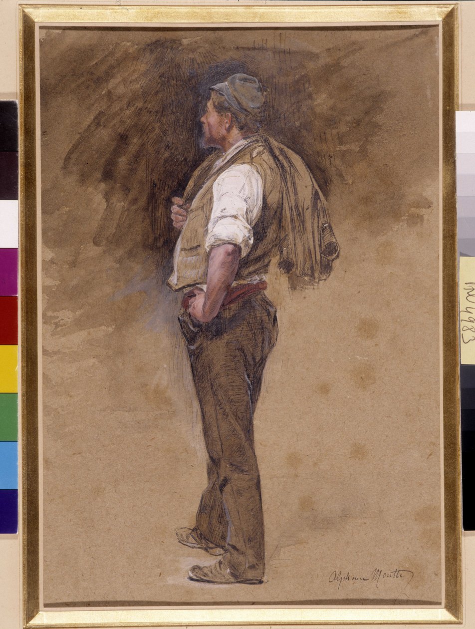 Farmer har jackan på huvudet. Målning av Alphonse Moutte (1840-1913), Obligatorisk omnämnande: Samlingsstiftelsens hälsningar från Provence, Marseille (mått i cm 27x18) av Alphonse Moutte