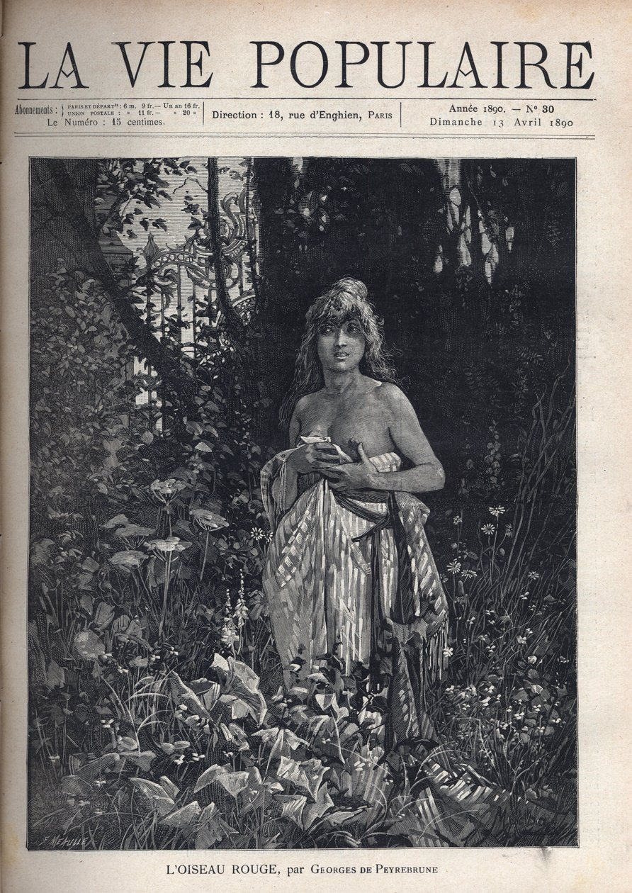 En naken ung kvinna, stående och decoiffe, täcker sin kropp med en filt, omgiven av vegetation och träd som maskerar ett smidesjärnsgaller. Illustration av Alfons Maria Mucha (Alphonse Marie Mucha av Alphonse Mucha