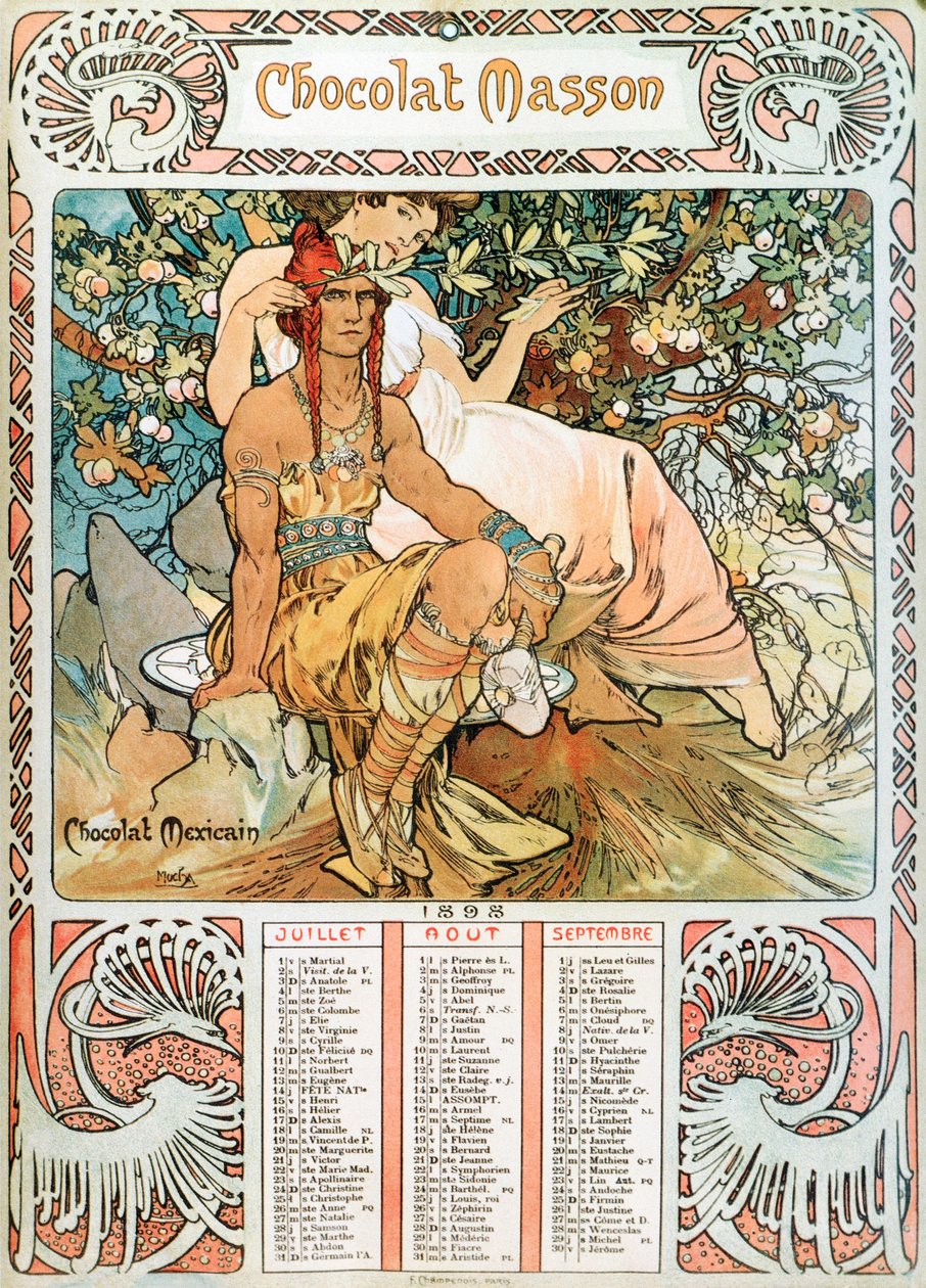 Vuxenkalendersida för året 1898 dekorerad av en reklamillustration av Alphonse Mucha (1860-1939) för chokladen Masson - "" The middle age"" Reklamillustration av Alphonse Mucha för av Alphonse Mucha