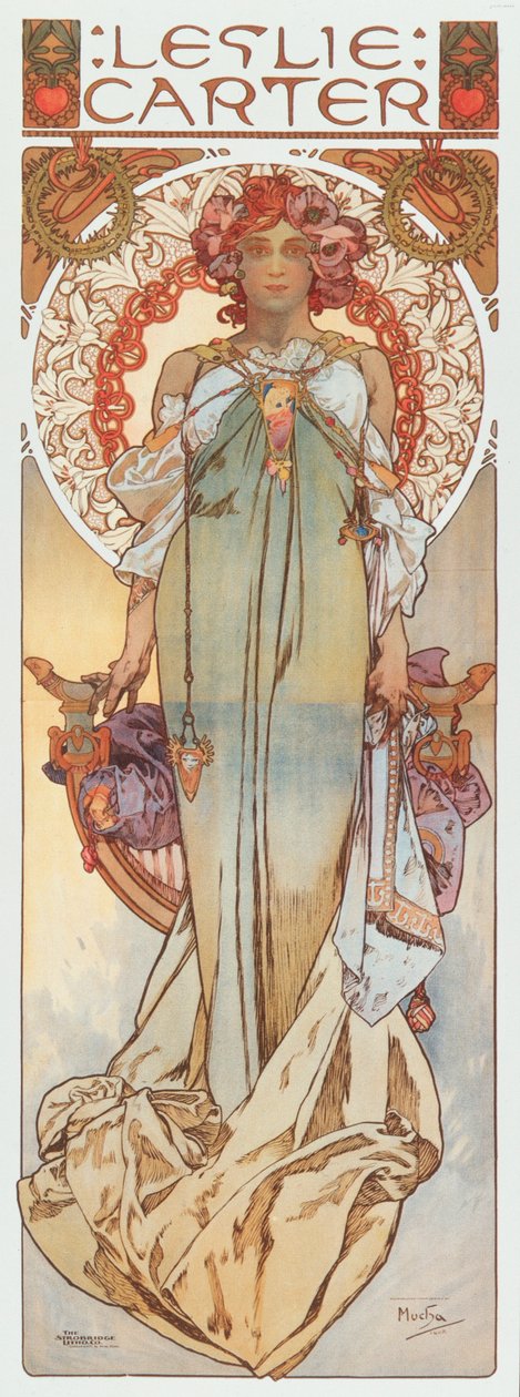 Reklamillustration av Alphonse Mucha som representerar scenskådespelerskan Leslie Carter i hennes nya pjäs "" Kassa" - 1908 Dim 78x209 cm Privat samling av Alphonse Mucha